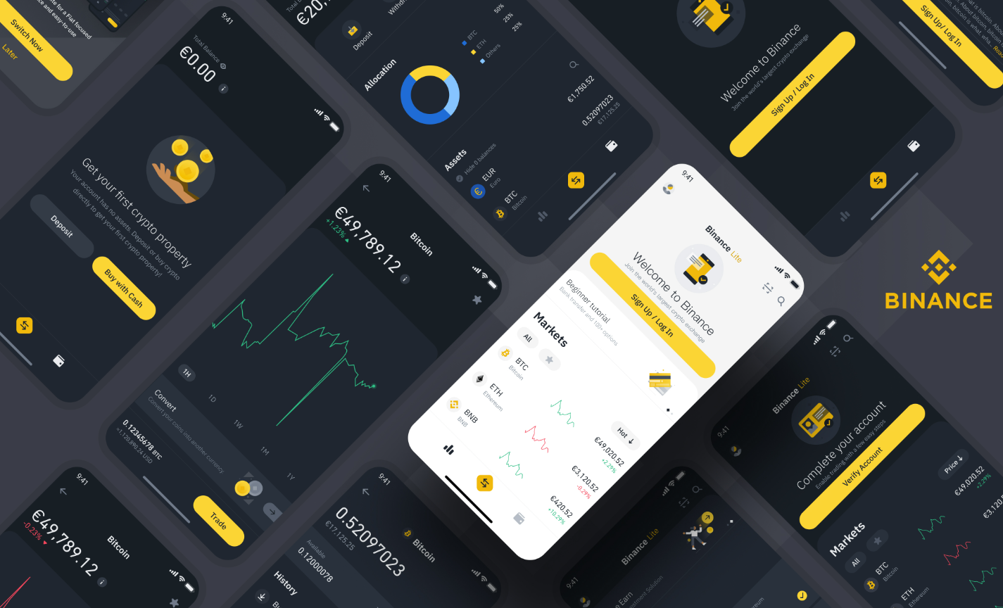 Illustration with various smartphones featuring the Binance mobile app interface