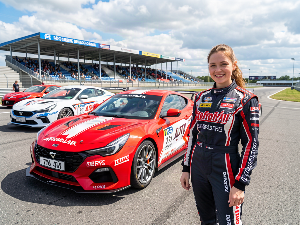 Regional Auto Lady competition in Noyabrsk sports complex; modern decorated red and white cars on an outdoor track, Russian woman competitor, 29, fair skin, light brown ponytail, wearing dynamic motorsport jacket smiling beside her vehicle, 45% paved circuit and grandstand, 35% bright car red, 20% northern sky