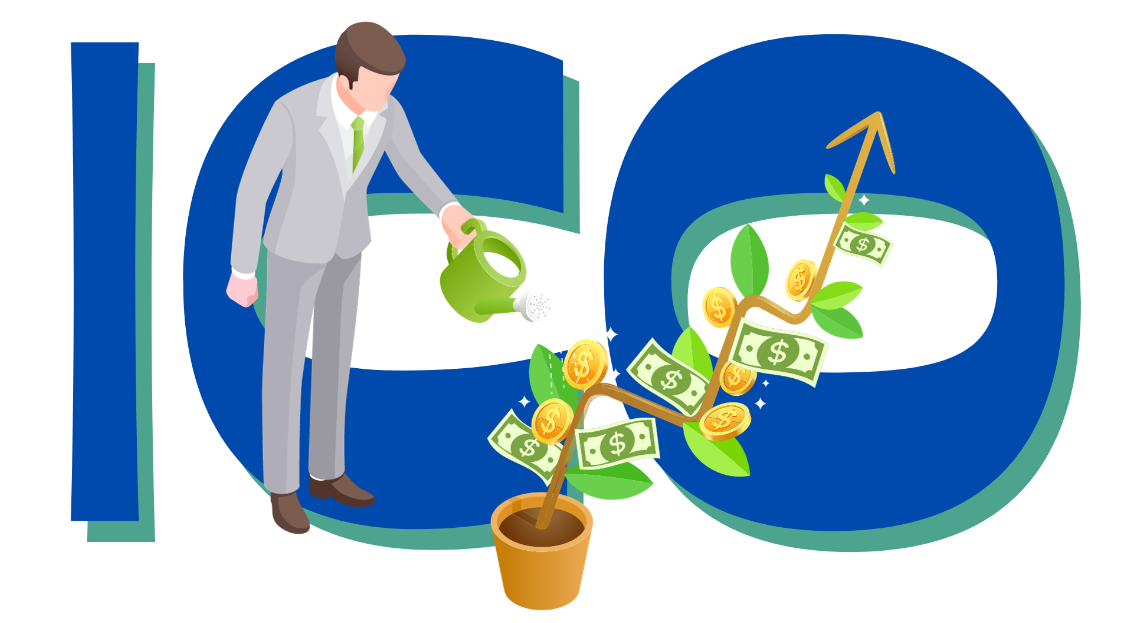 Man watering a money tree over the ICO letters, representing a pre-ICO sale