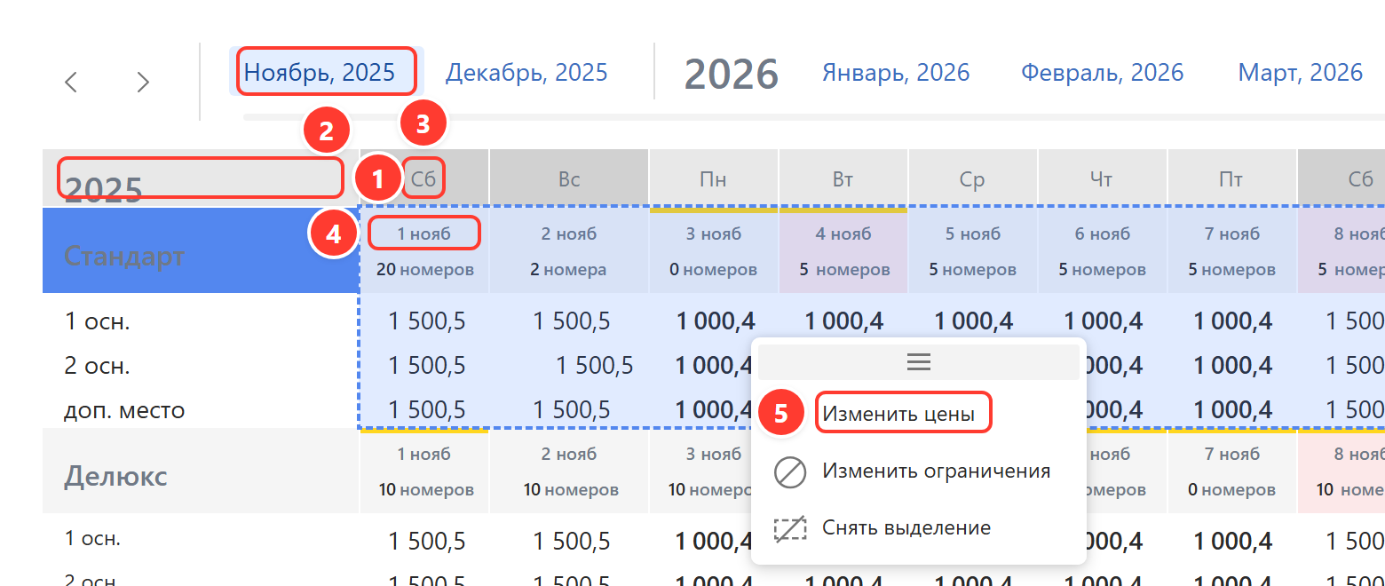 Выделенный период и меню в шахматке