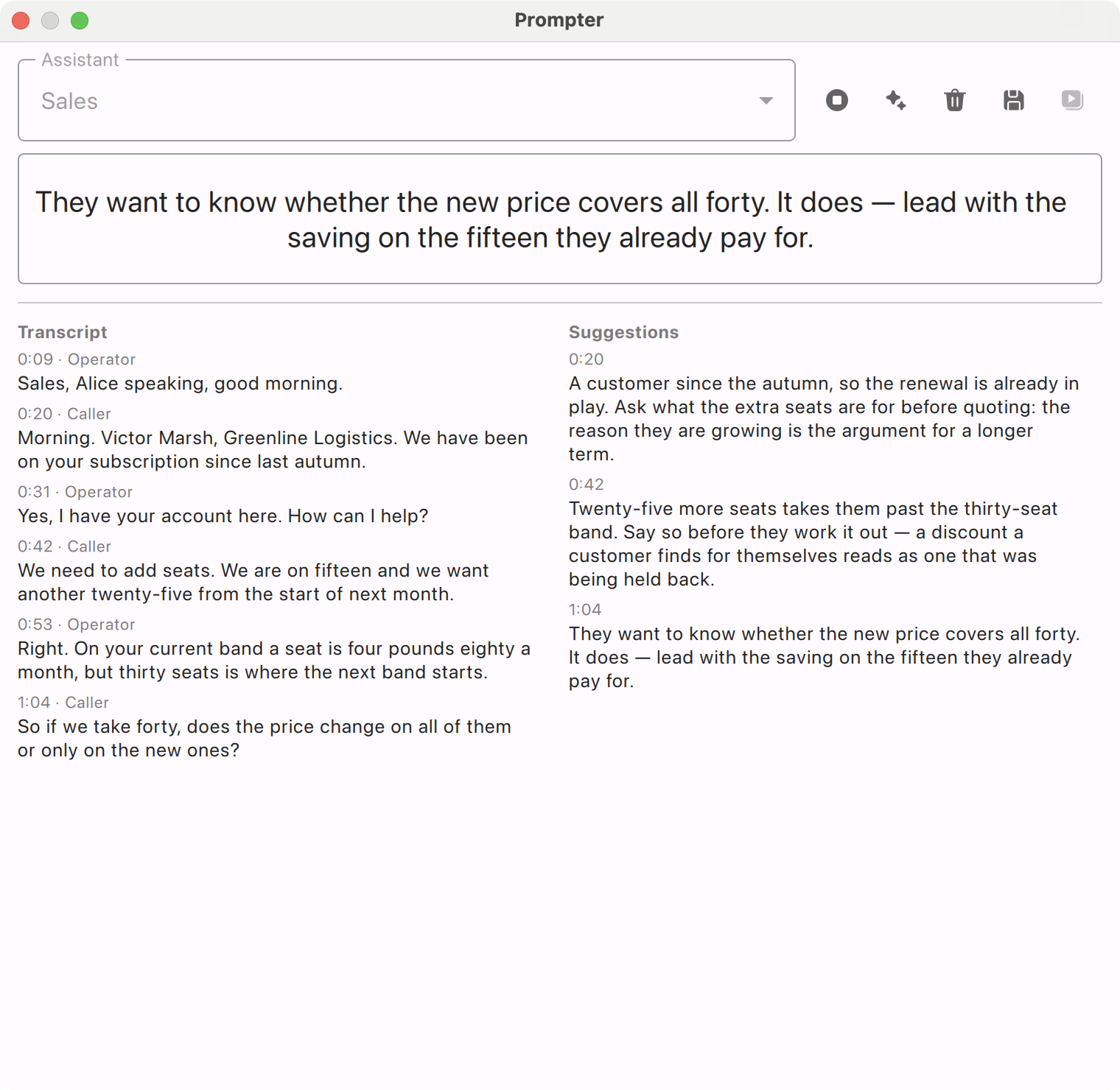 AI Softphone — Live transcript and suggested replies, side by side.