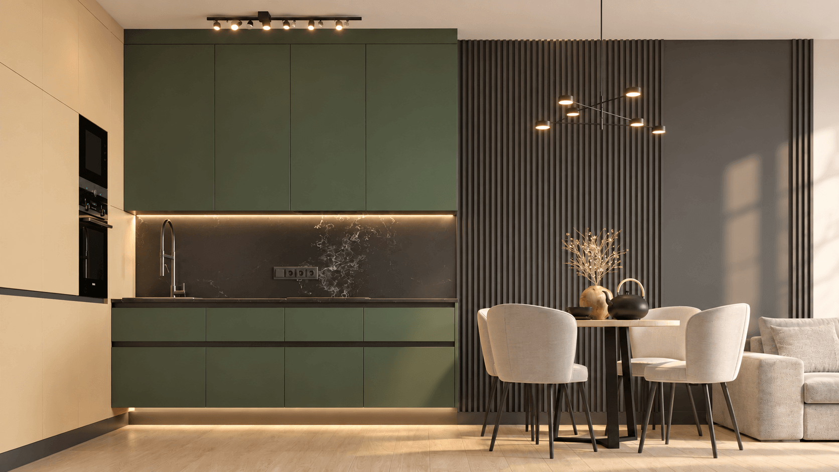 Salon et cuisine ouverte avec aménagement petit salon et meubles suspendus
