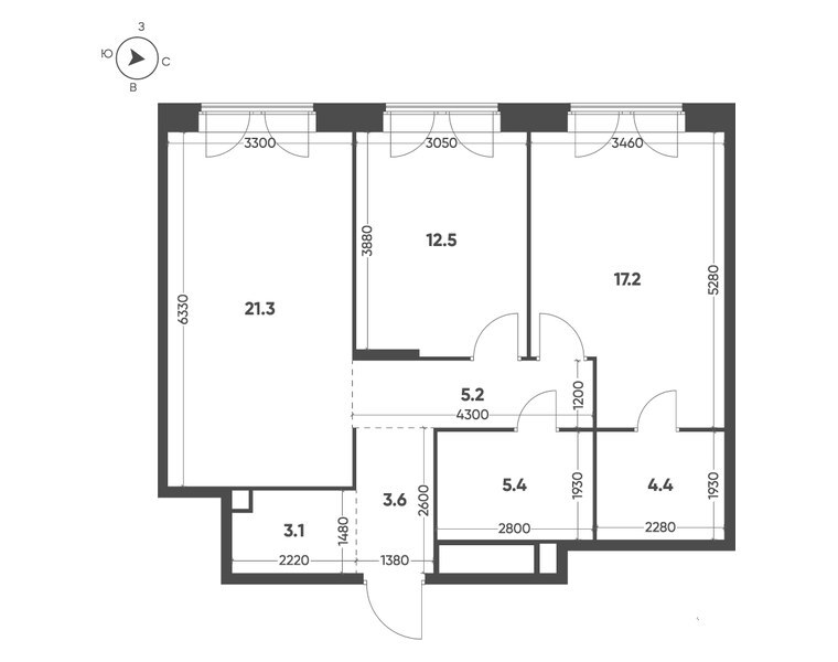 Планировка: 2-комнатная квартира 72,7 м² в ЖК «Мариин Парк», секция 1.1, 8-й этаж