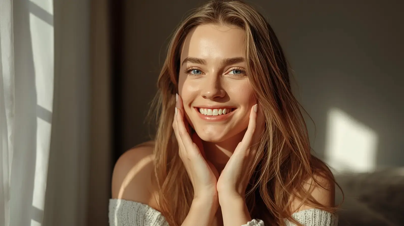 Девушка улыбается, её кожа светится в солнечных лучах утреннего света.