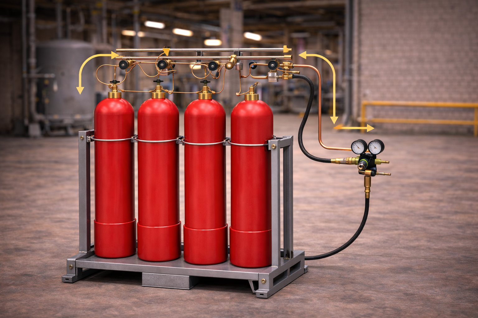 Принцип работы газовой рампы — четыре красных газовых баллона, подключённые к распределительному коллектору с медными трубками, редукторами и манометрами, со схематическими стрелками, показывающими направление потока газа в промышленном помещении.