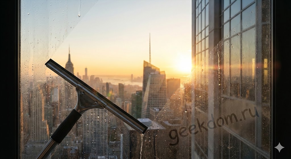 Процесс мойки панорамного окна небоскреба сгоном на фоне заката