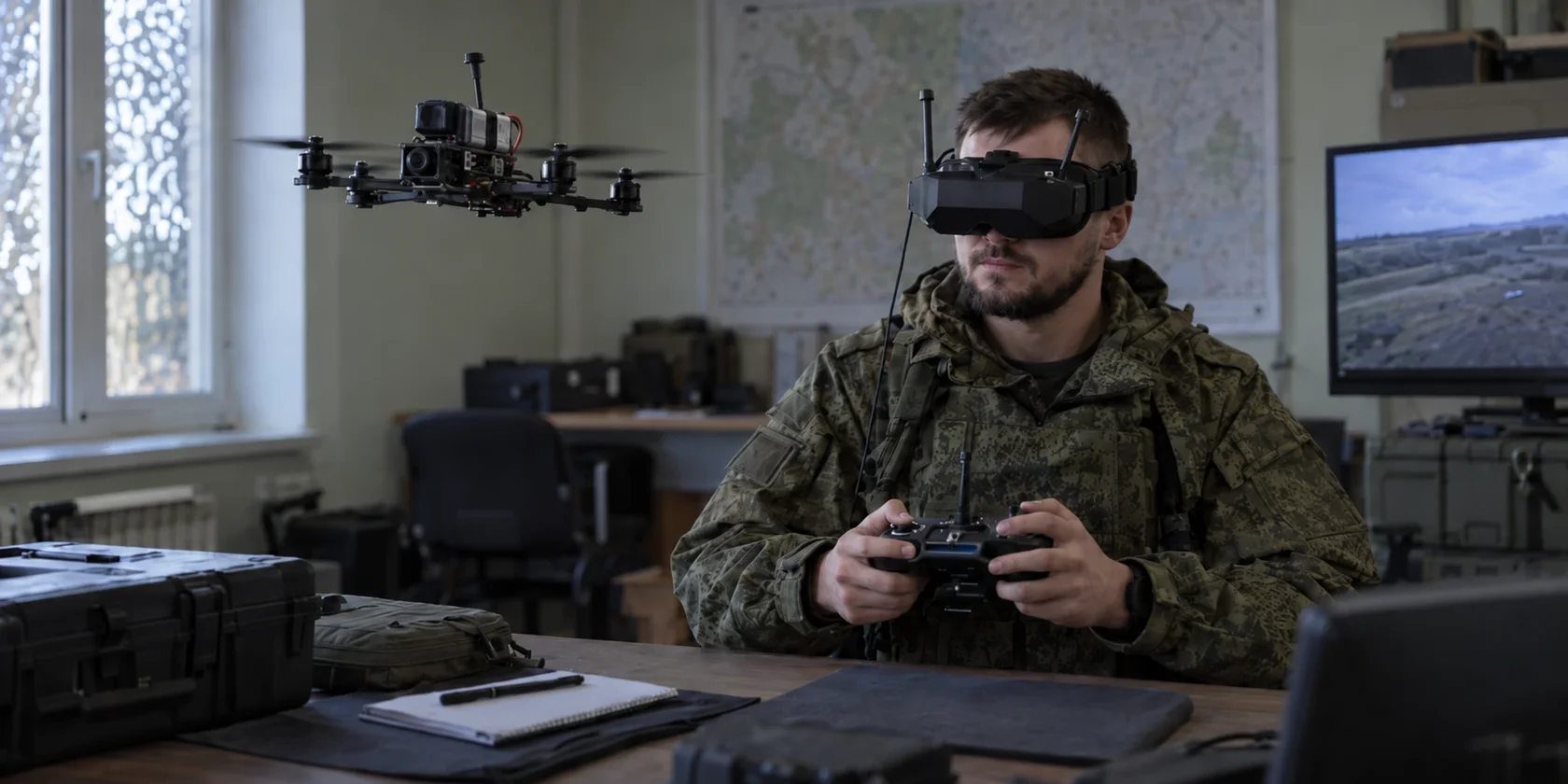 Оператор получает изображение с FPV-дрона во время учебного полёта