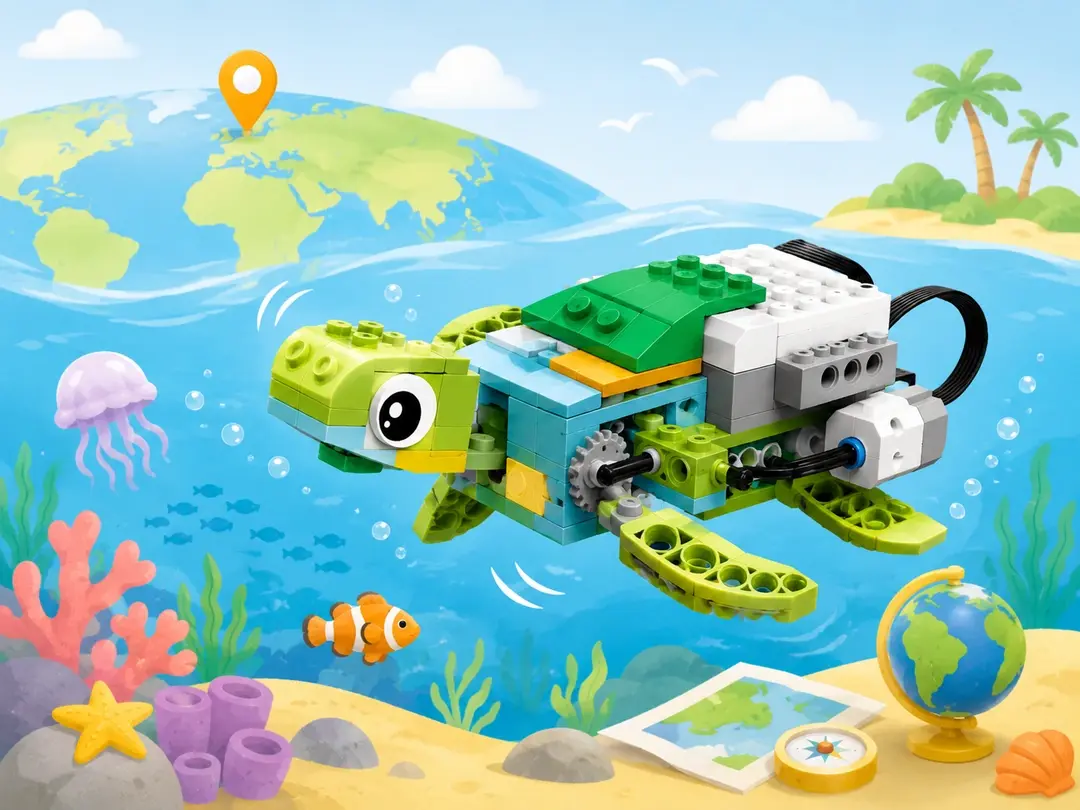 LEGO-робот в виде морской черепахи на фоне карты мира и океана