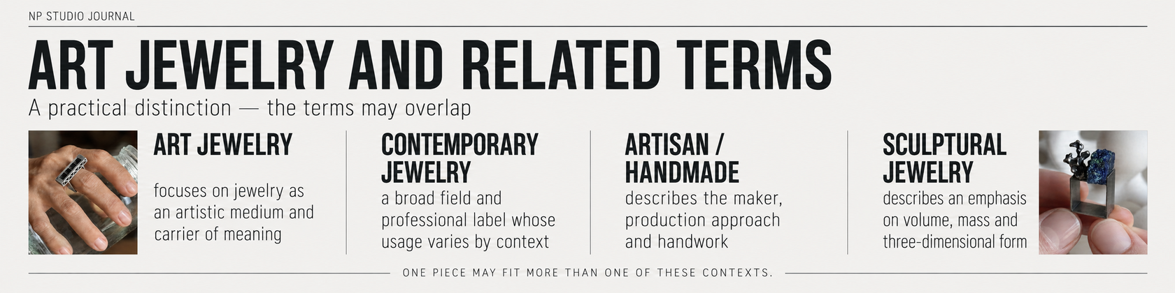NP Studio Journal infographic: Art Jewelry and Related Terms including contemporary, artisan handmade and sculptural jewelry