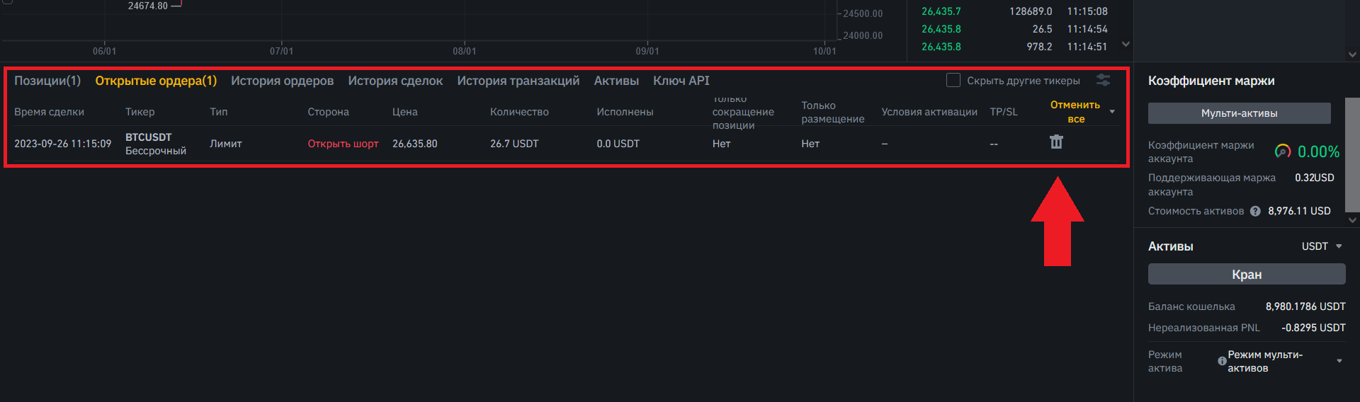 Как отменить ордер на Futures, Binance