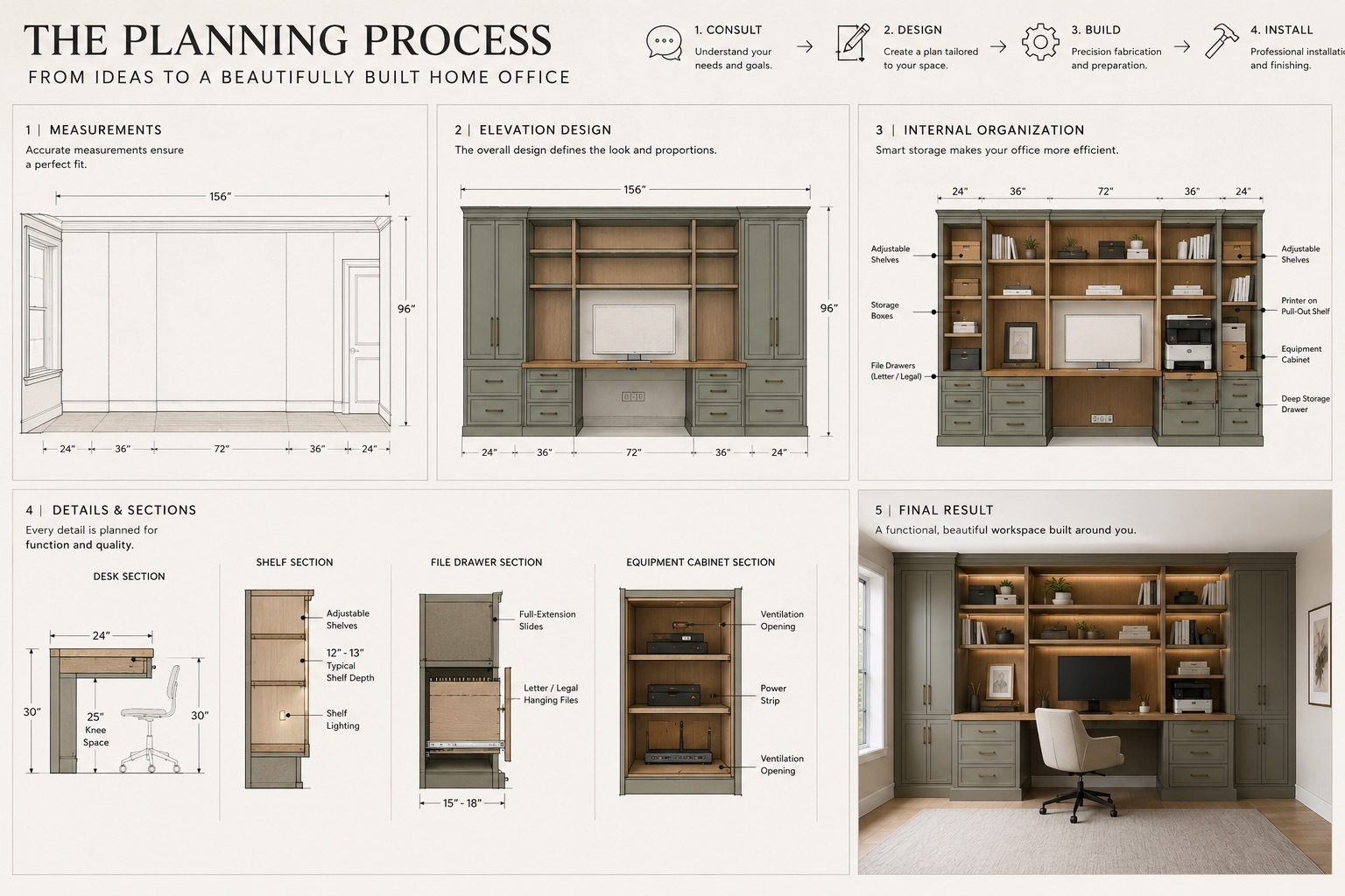 Custom home office planning process showing room measurements, cabinet elevations, internal storage organization, technical details, and final built-in design.
