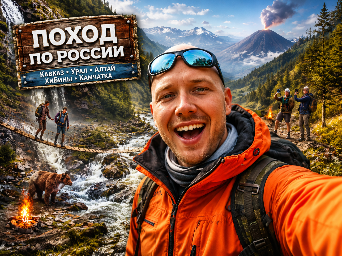 Снежные горные пики и зелёные альпийские луга России летом