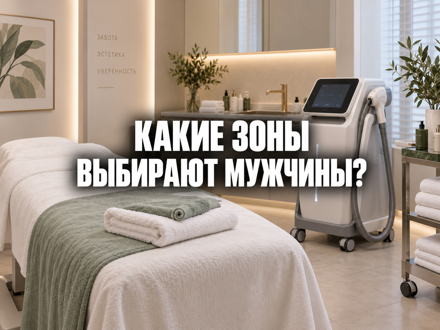 Кабинет лазерной эпиляции; по центру фраза «КАКИЕ ЗОНЫ ВЫБИРАЮТ МУЖЧИНЫ?»