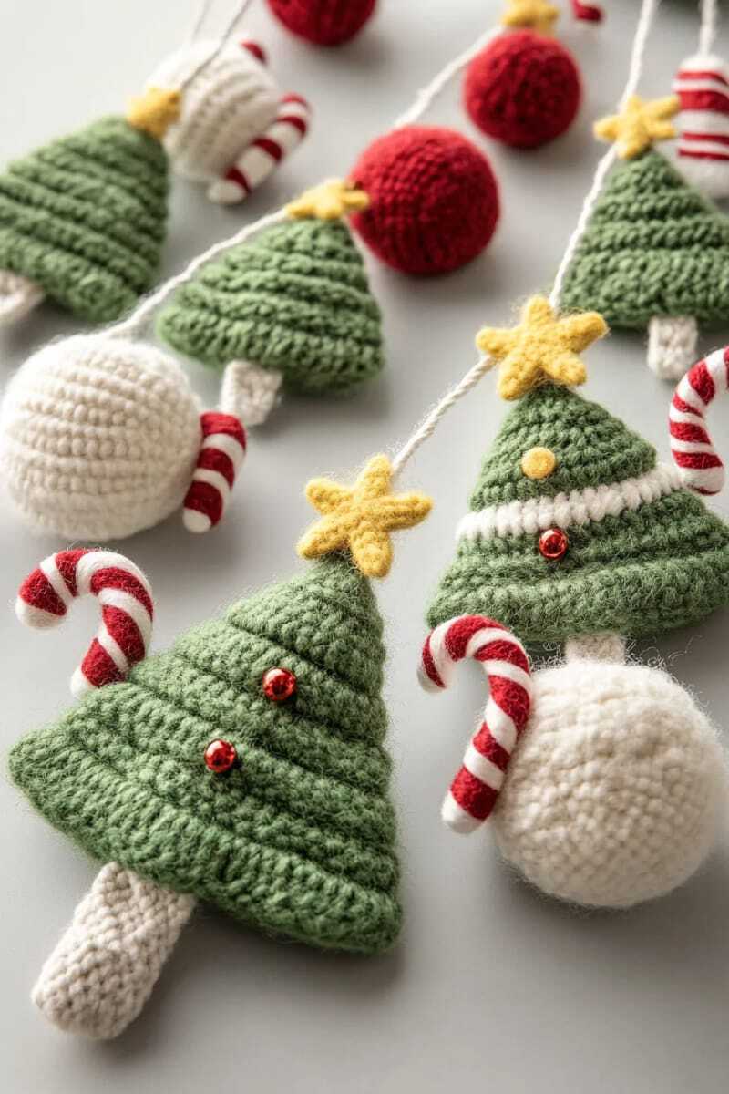 миниатюрные рождественские ёлочки, нанизанные между войлочными снежками и леденцами-тростями 1