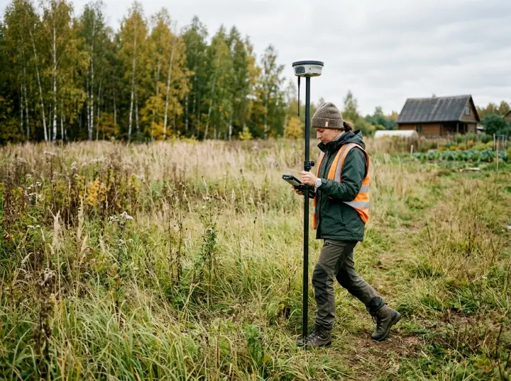 Геодезист с GNSS-приёмником на участке