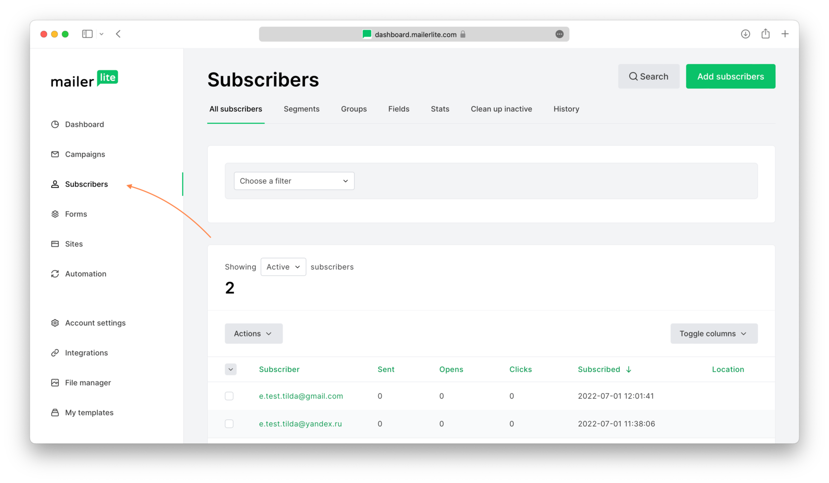 Добавление контактов в список рассылки Mailerlite