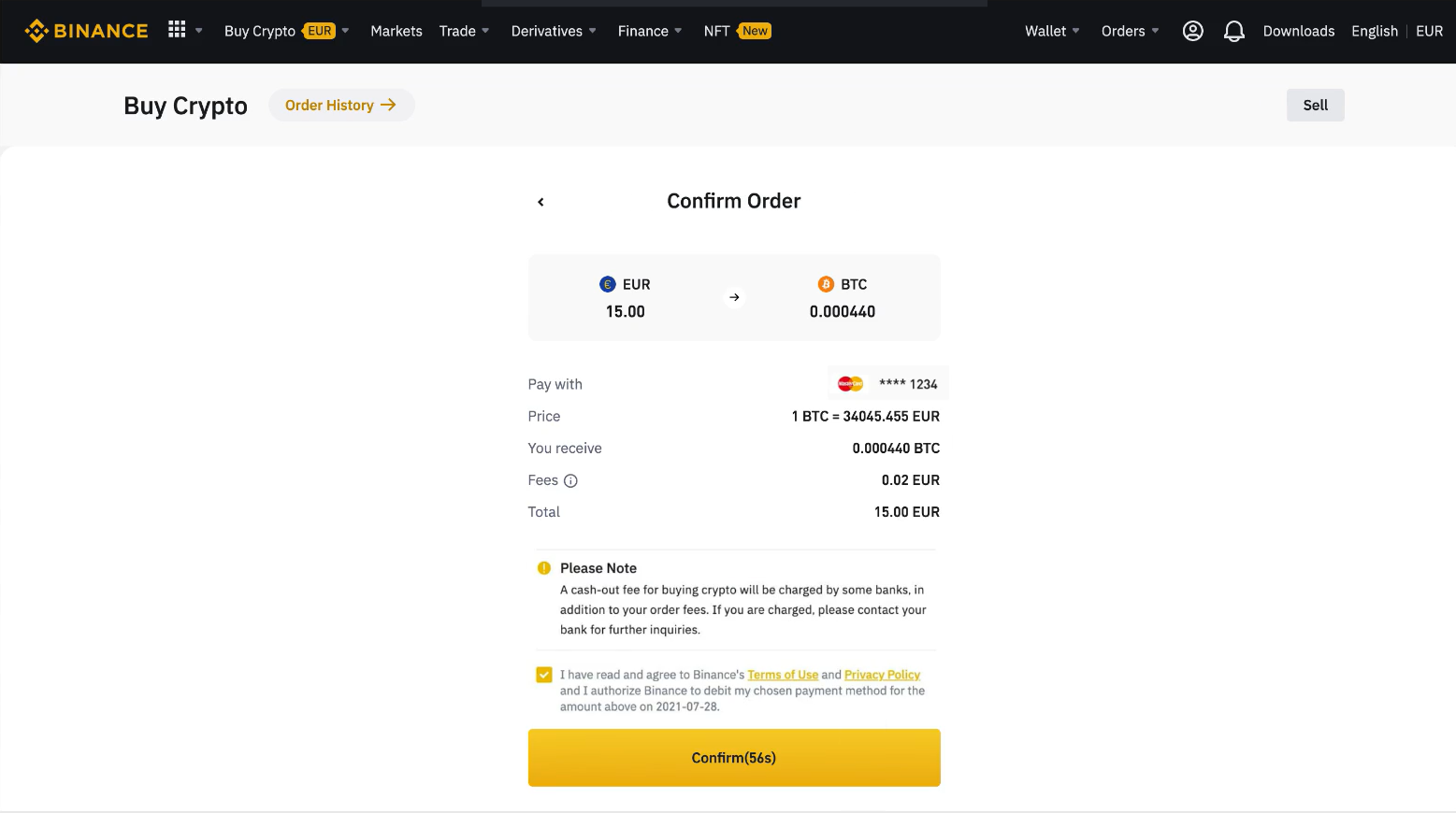 Binance web interface: the third step to buy BNB with a Credit or Debit card.