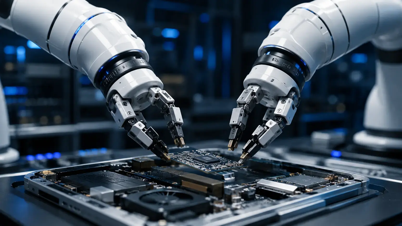Dual-arm robot manipulator assembling a complex electronic device