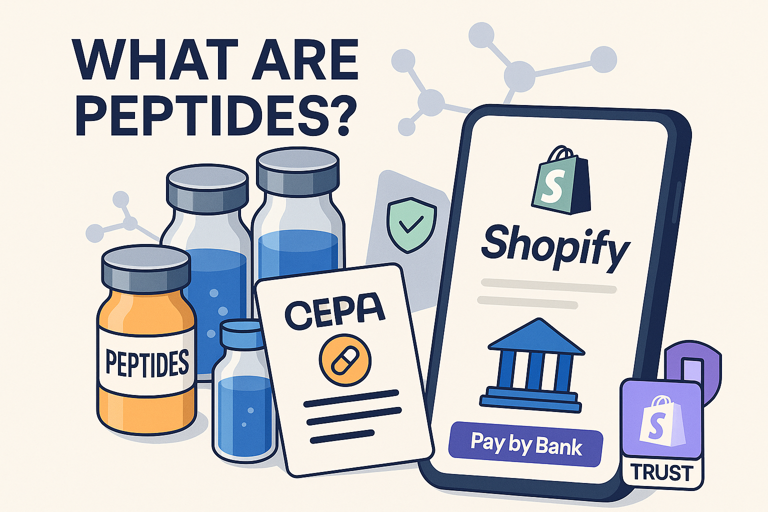 Illustration showing peptide vials, molecular structures, and Pay by Bank technology, representing how to buy peptides and understand peptide types safely.