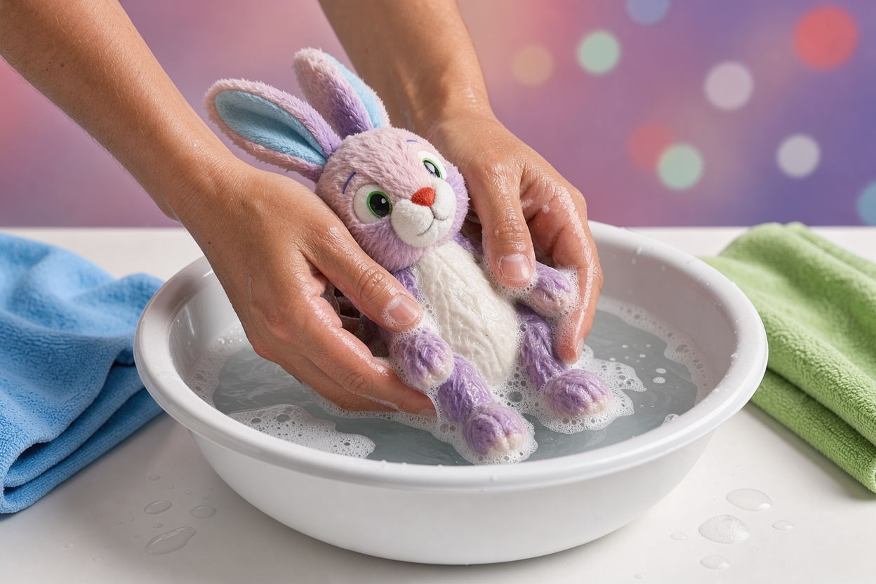 gentle hand washing of a soft toy in a basin with lukewarm soapy water, hands massaging plush fabric, visible foam, no brand logos