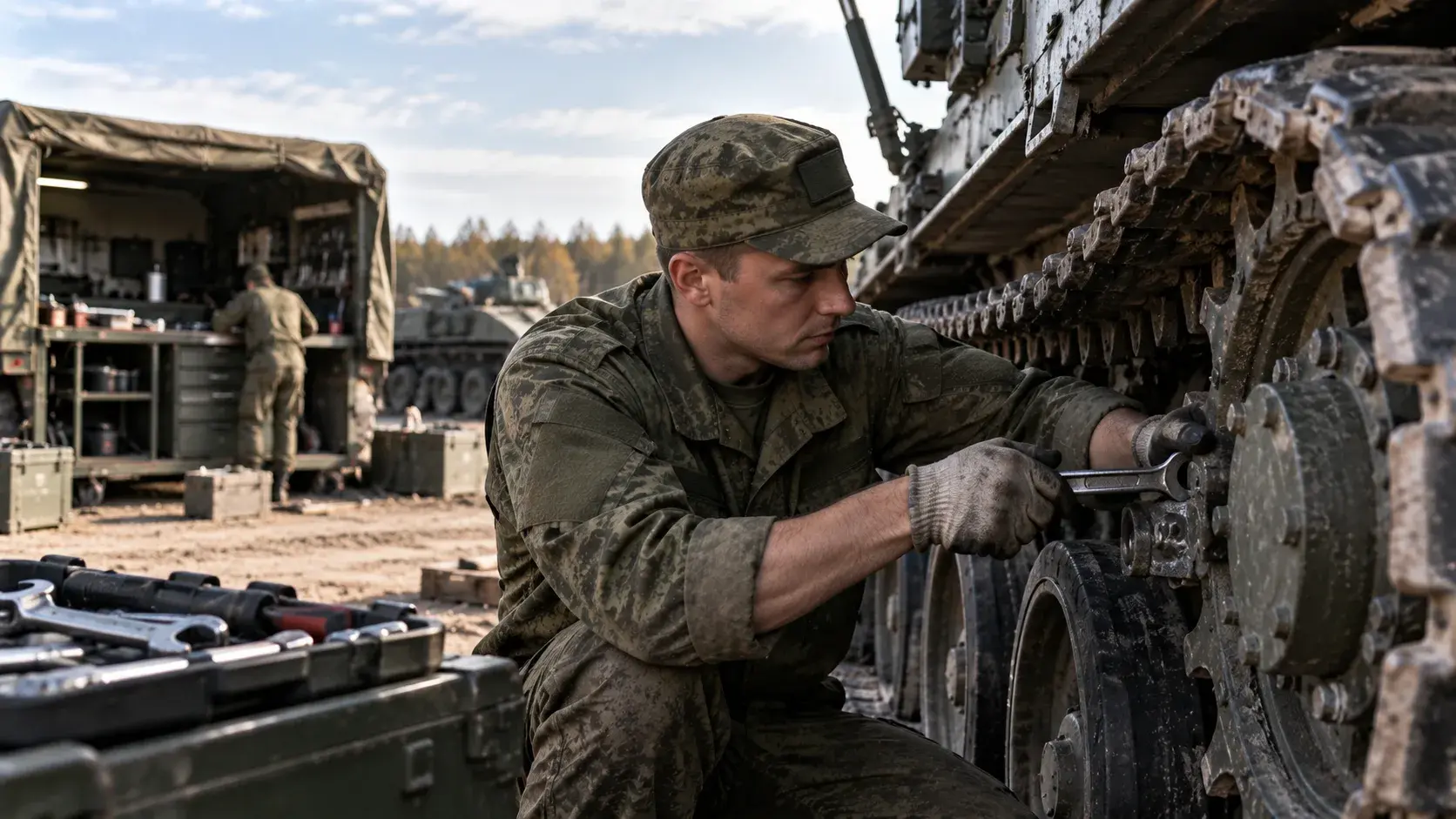 Военнослужащий-механик обслуживает гусеничную технику в ремонтном подразделении