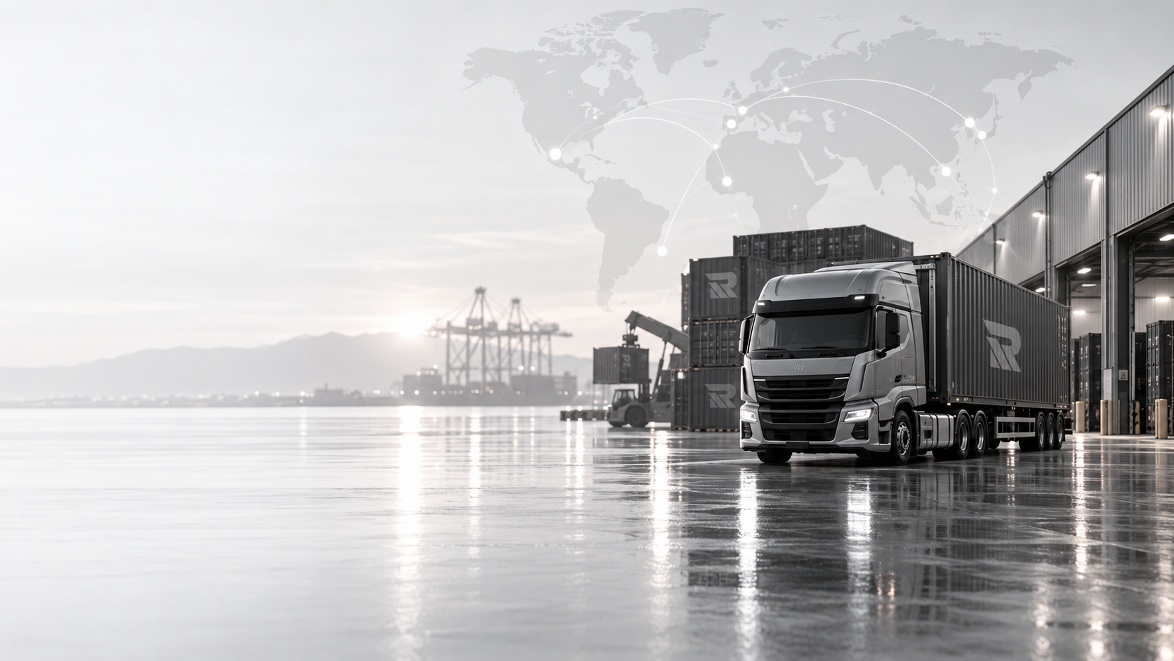 Container truck and shipping containers at a logistics terminal with a global trade map