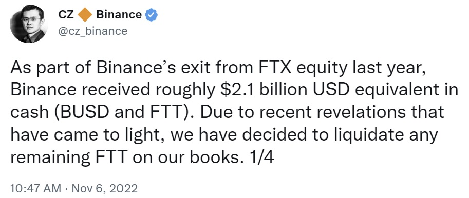 твит CEO Binance по поводу запасов FTX