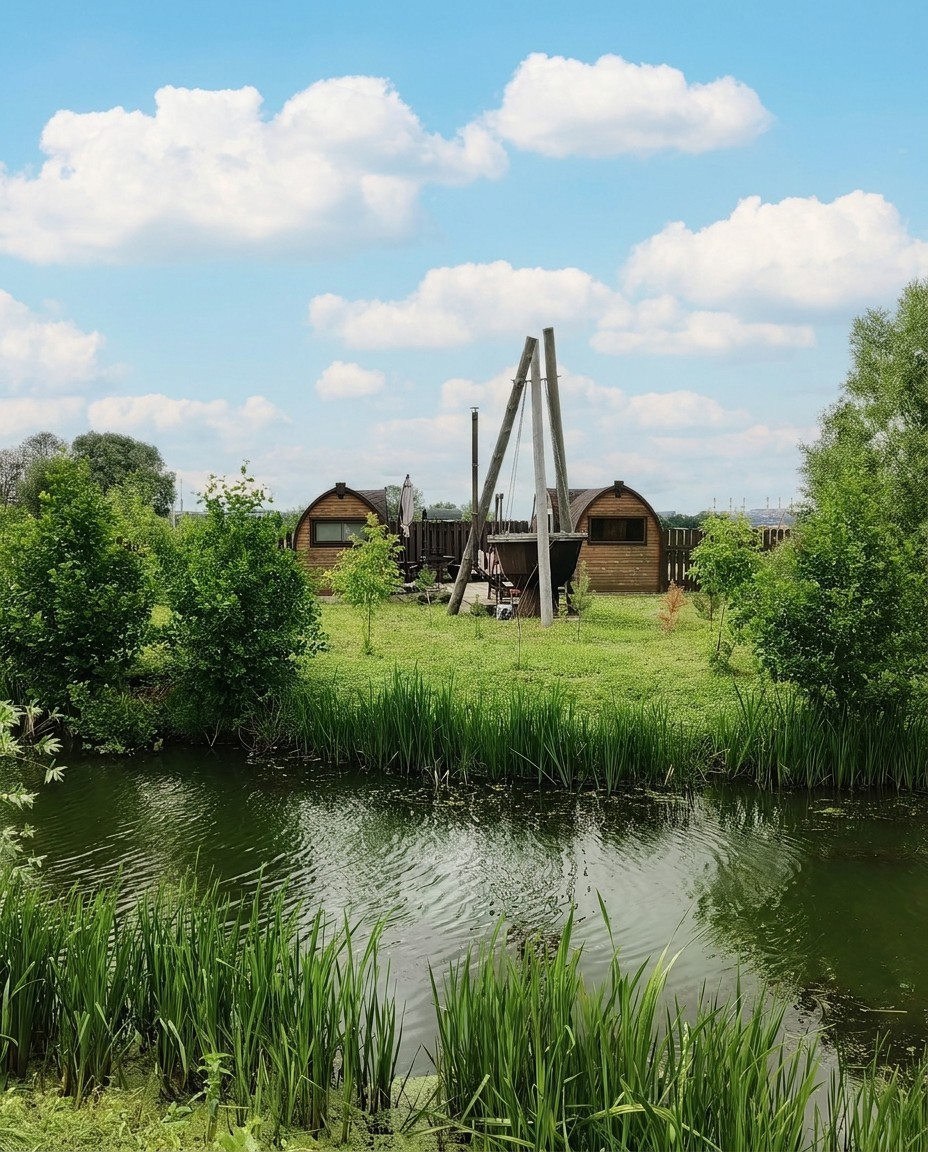 Bungalow with a wood-fired Russian banya and a tub hanging on chains, by the pond