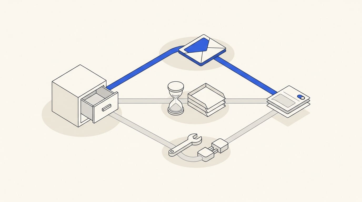 A CRM drawer linked to an enquiry, hourglass task and repair connector leading to a messaging panel.