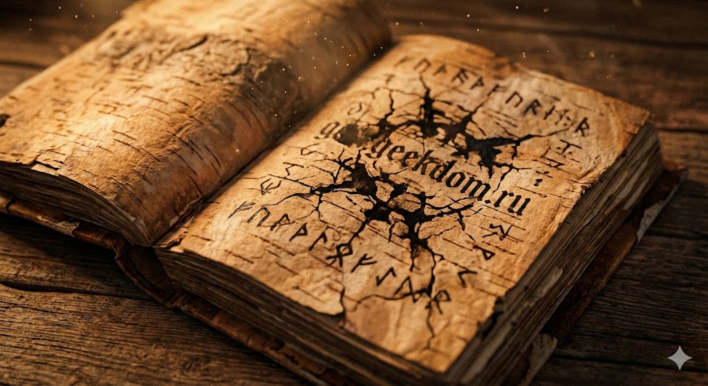 Старинная книга из бересты с чернильными узорами, символизирующая день языков народов России