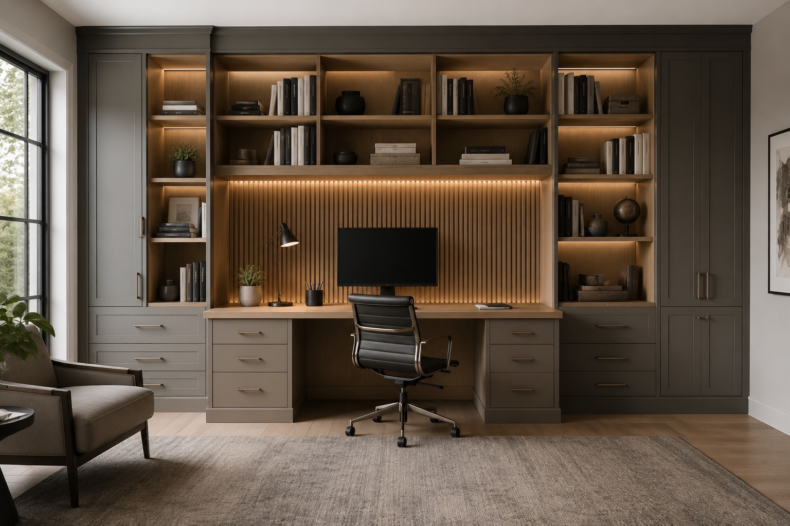 Custom home office built-in with integrated desk, floor-to-ceiling cabinetry, open shelving, concealed storage, monitor space, and warm LED lighting.