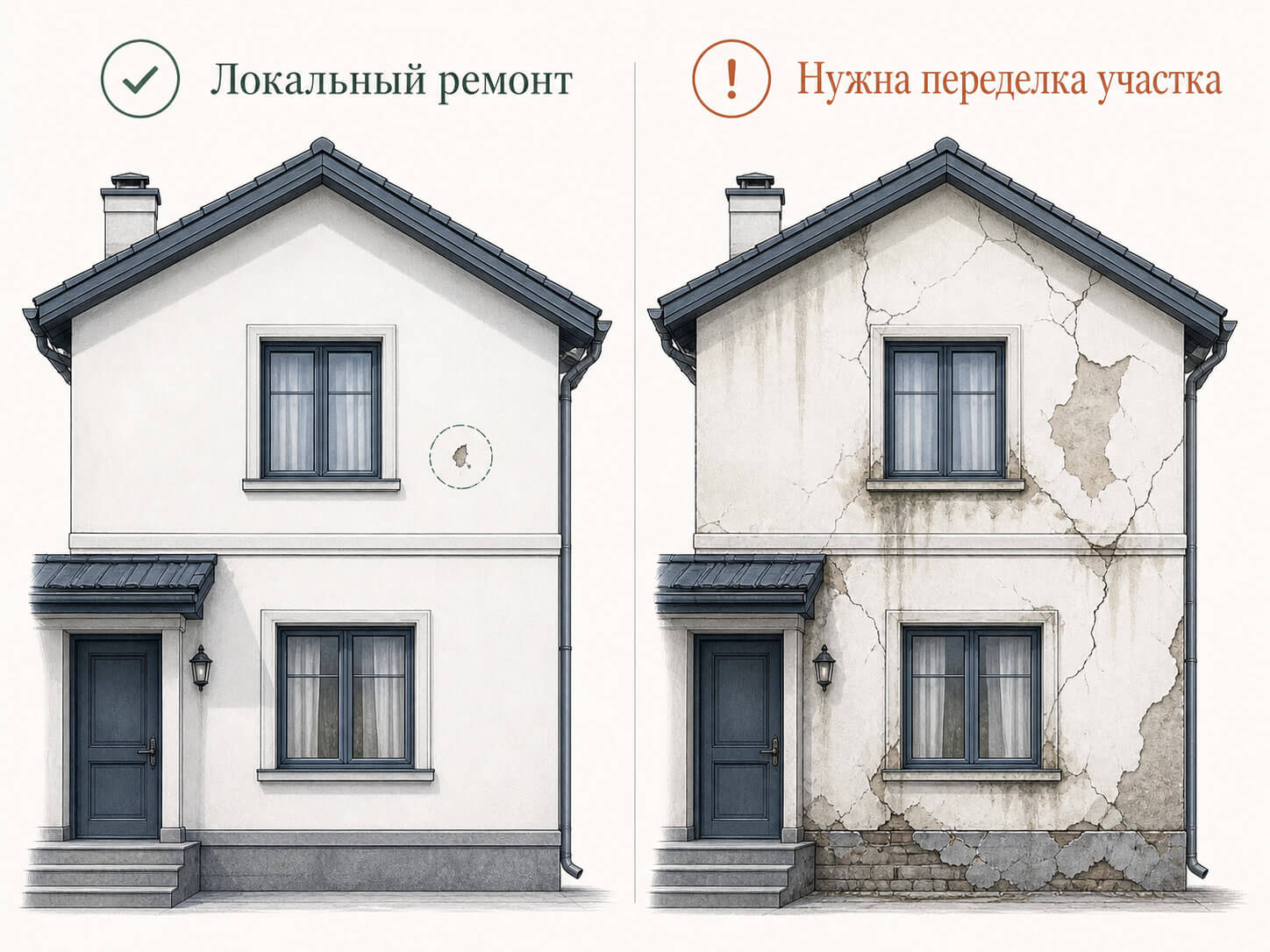 Сравнительная инфографическая иллюстрация, показывающая, когда фасаду частного дома подходит локальный ремонт, а когда нужен ремонт участка или переделка.