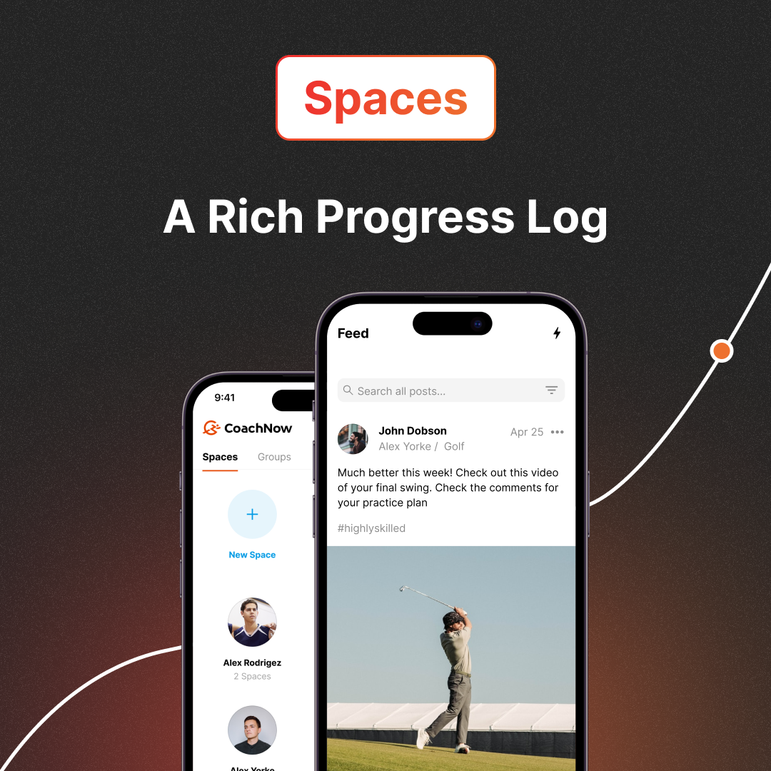 spaces a rich progress log iphone showing spaces feature in coachnow app and man in a grey shirt and grey jeans swinging a golf club