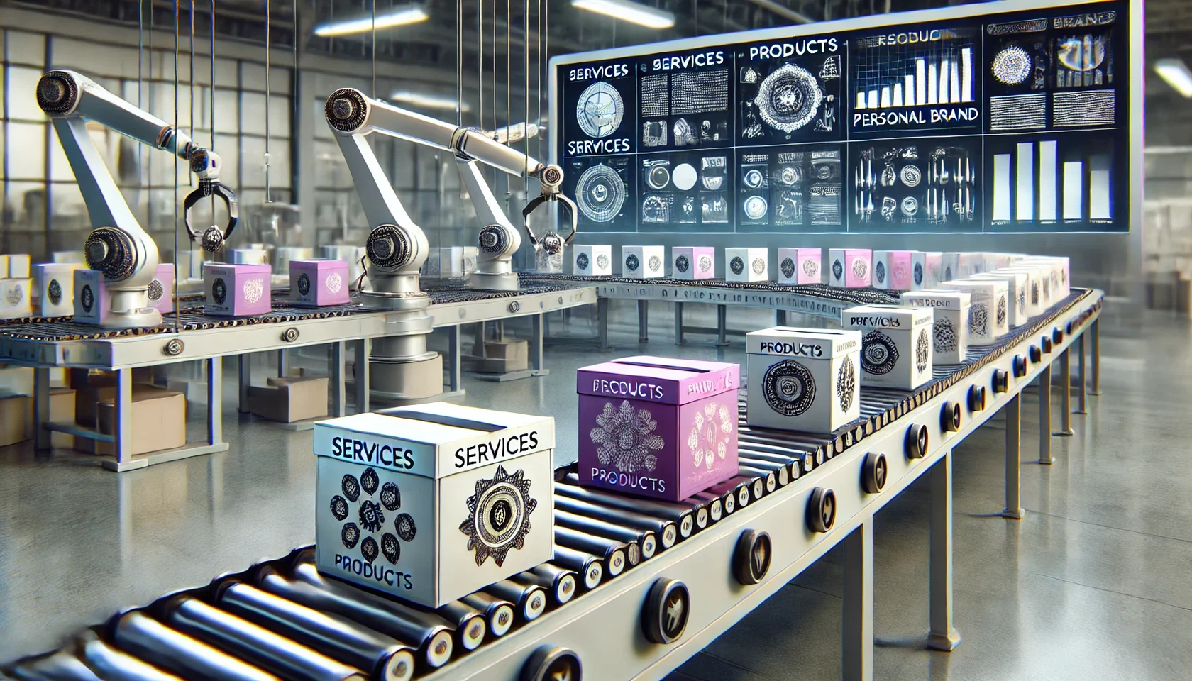 Конвейерная лента с коробками