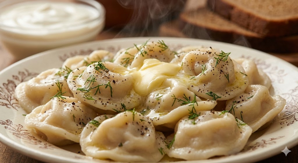 Горячие сибирские пельмени со сливочным маслом и зеленью