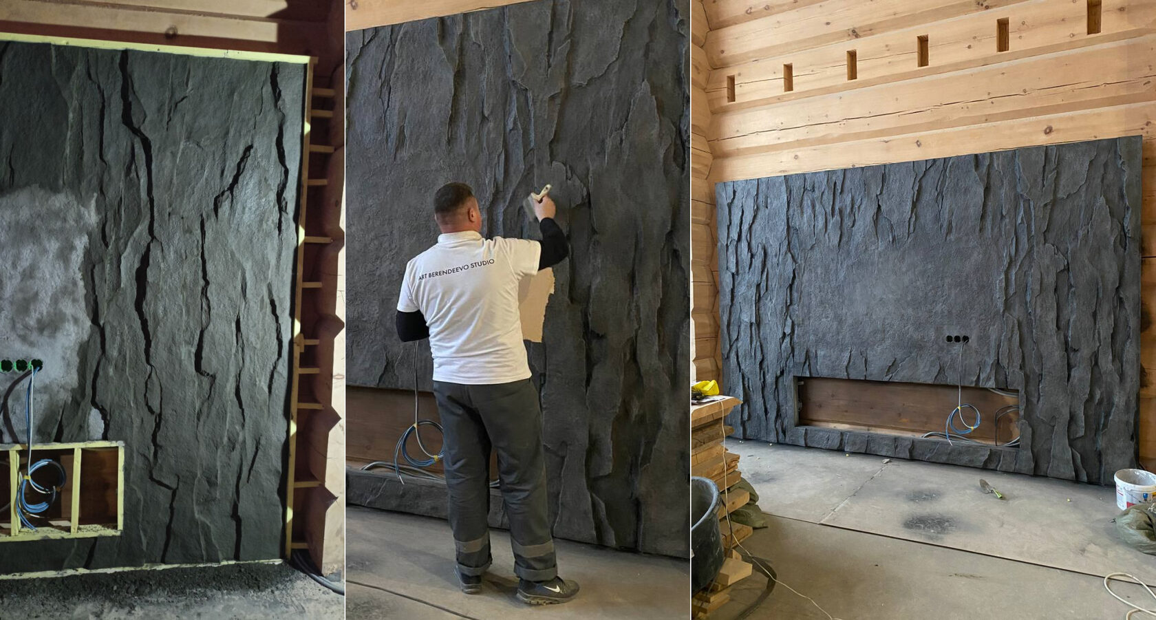Процесс отделки стены за телевизором декоративными скалами из арт бетона 