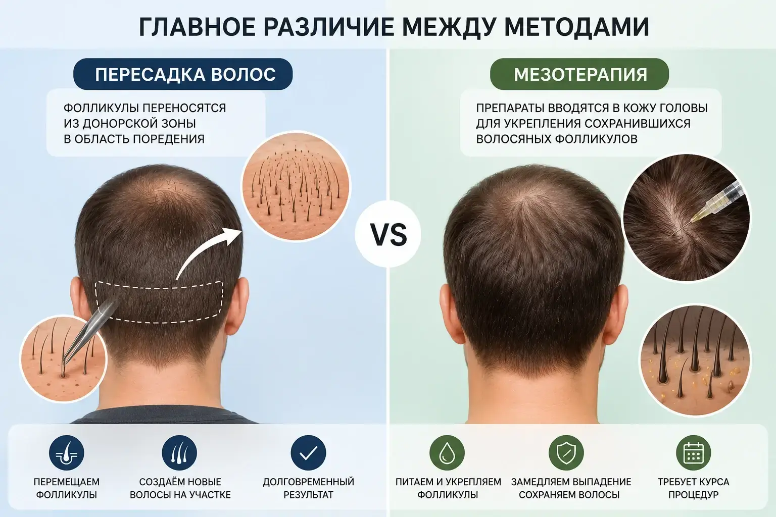Главное различие между пересадкой и мезотерапией