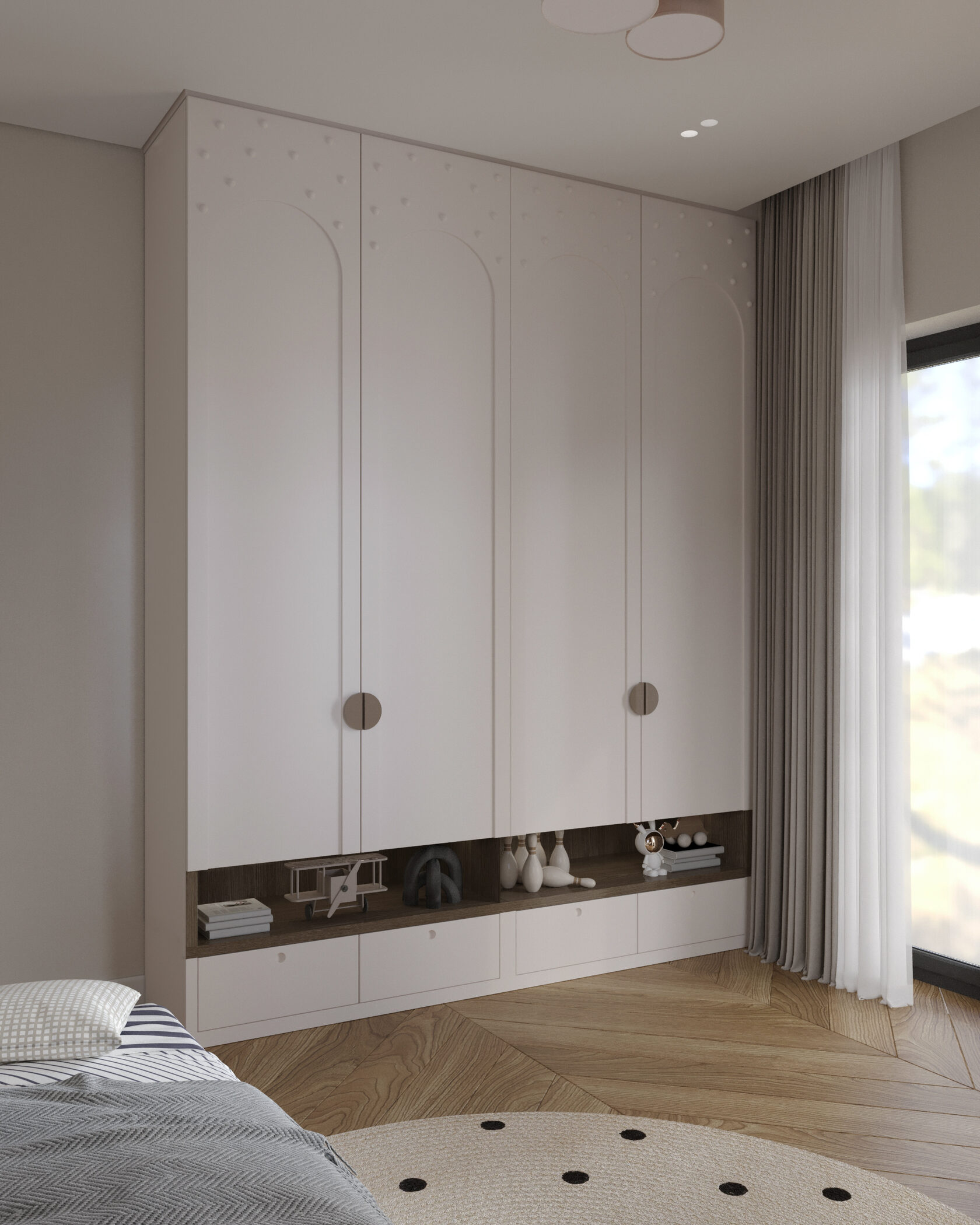 необычное изголовье в интерьере спальни