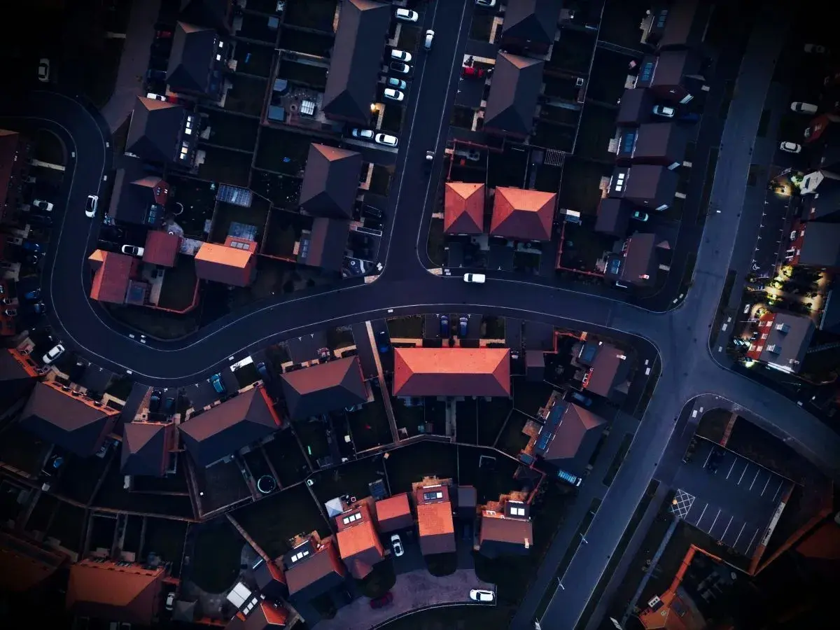 Aerial view of a residential neighbourhood with roofing projects