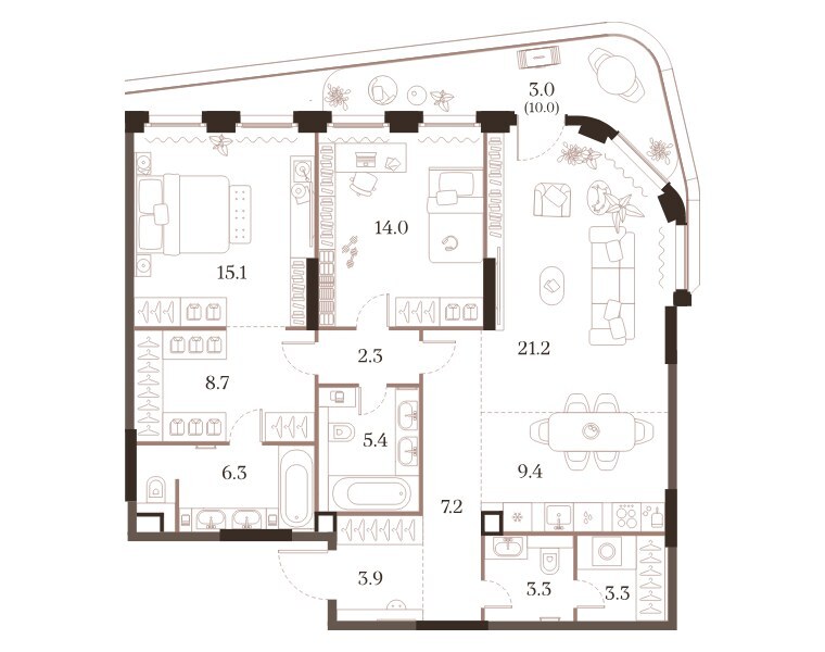 Планировка: 2-комнатная квартира 103,1 м² в ЖК «МУЗА», корпус 2, 9-й этаж