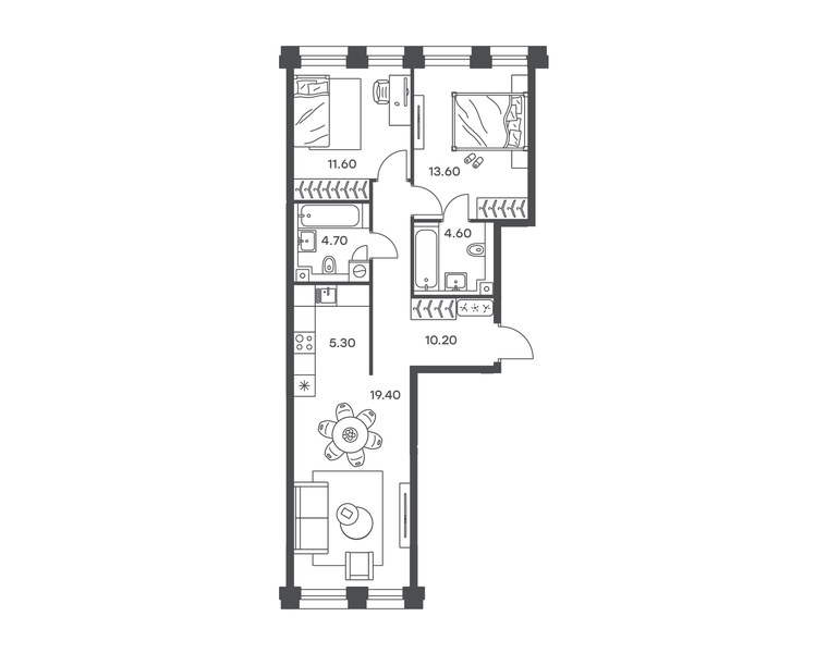 Планировка 3-комнатной квартиры 69,4 м² в ЖК «Инджой»: секция 1, 3-й этаж