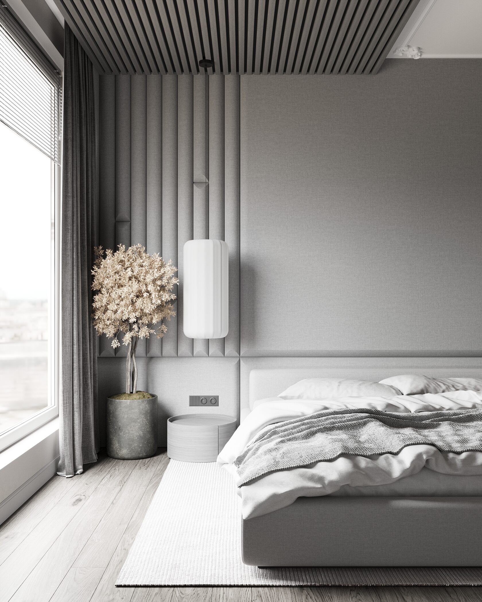 кровать с рейками на потолке 