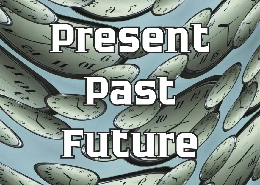 Часы и надписи Present, Past, Future — визуализация английских времен