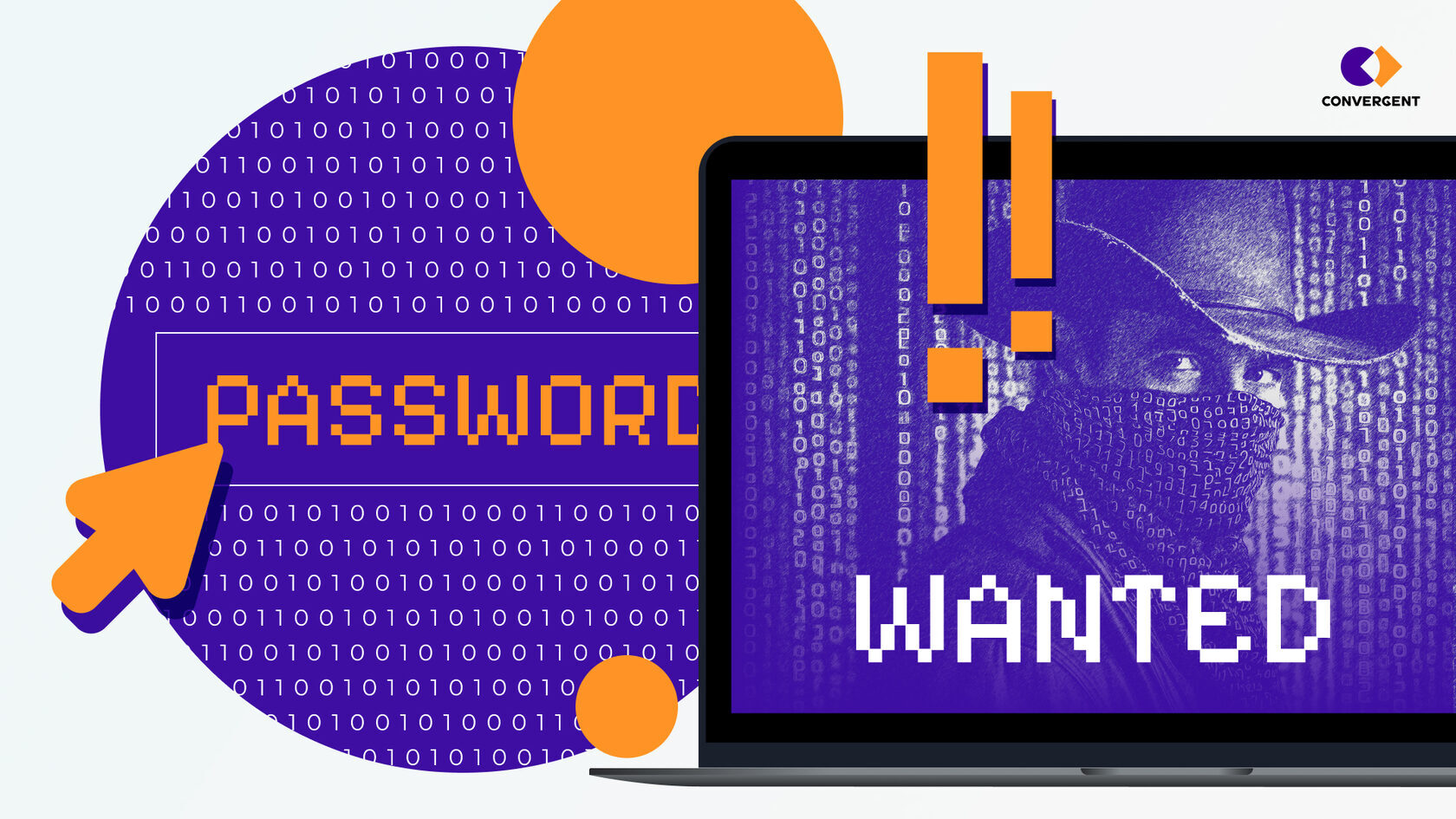 Двоичный код, ноутбук с карикатурным изображением объявления о поиске приступника