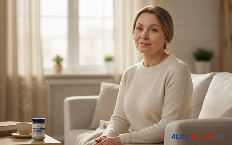 4Life Transfer Factor Classic — женщина отдыхает дома после болезни, мягкое восстановление сил, спокойный режим, поддержка иммунитета и энергии