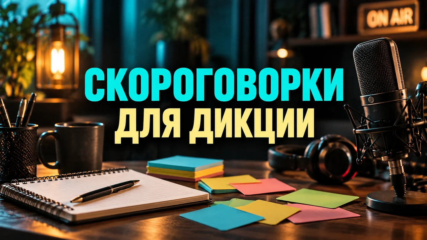 Обложка статьи «Скороговорки для дикции: как тренировать чёткую речь взрослому»: Блокнот и цветные карточки для работы с короткими речевыми отрезками. Заголовок «СКОРОГОВОРКИ — ДЛЯ ДИКЦИИ» встроен в изображение.