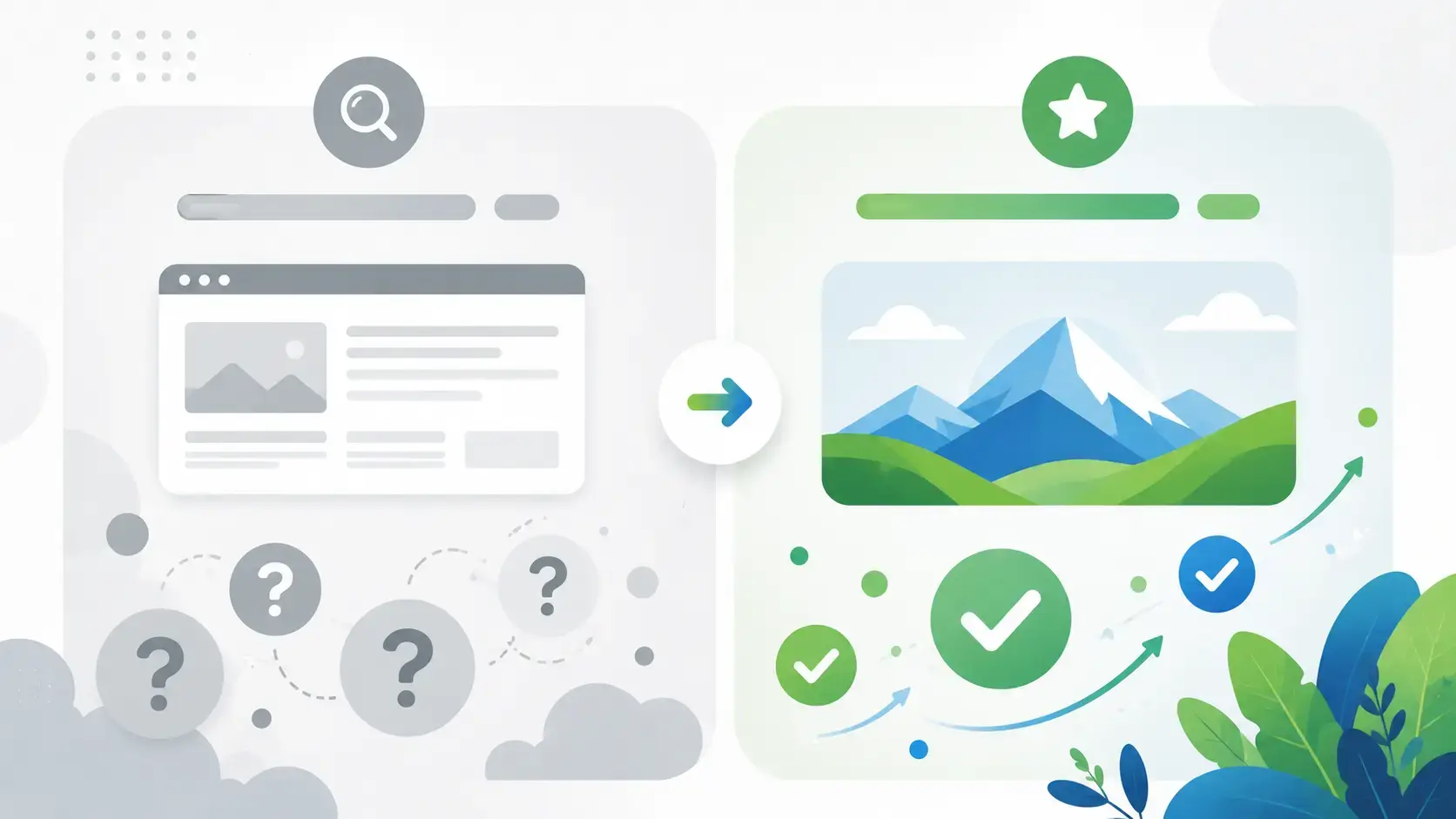Minimalist infographic comparing descriptive domain names with brandable invented domain names.