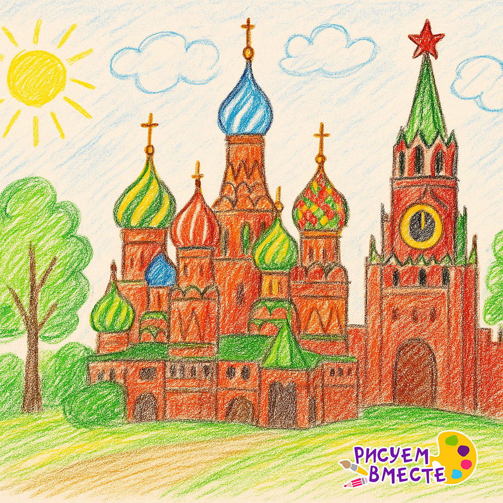 Детский рисунок Кремля в Москве, выполненный цветными карандашами — башни и стены на фоне неба
