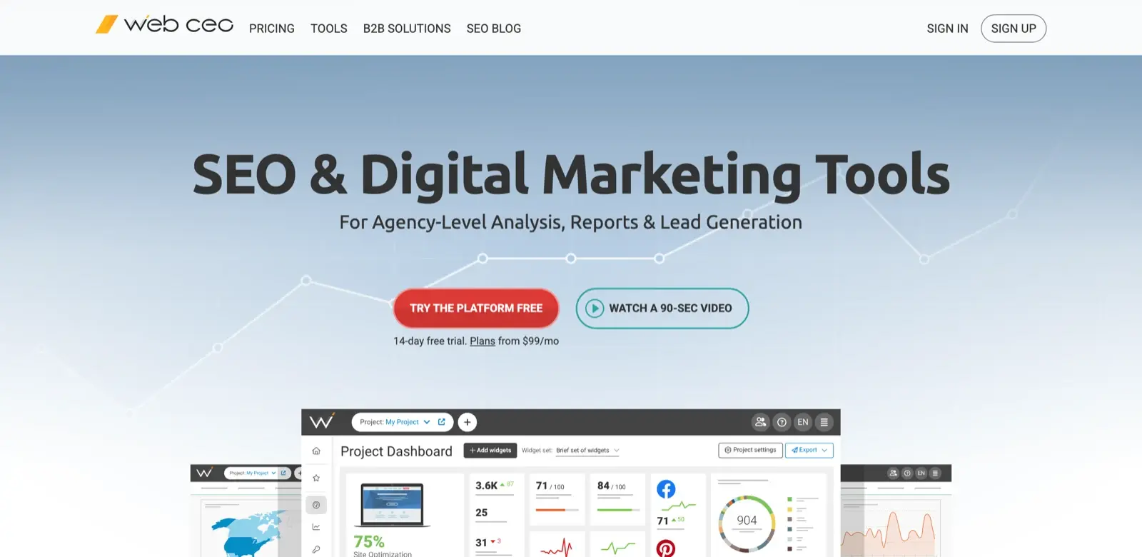 WebCEO homepage with a preview of its white label project dashboard