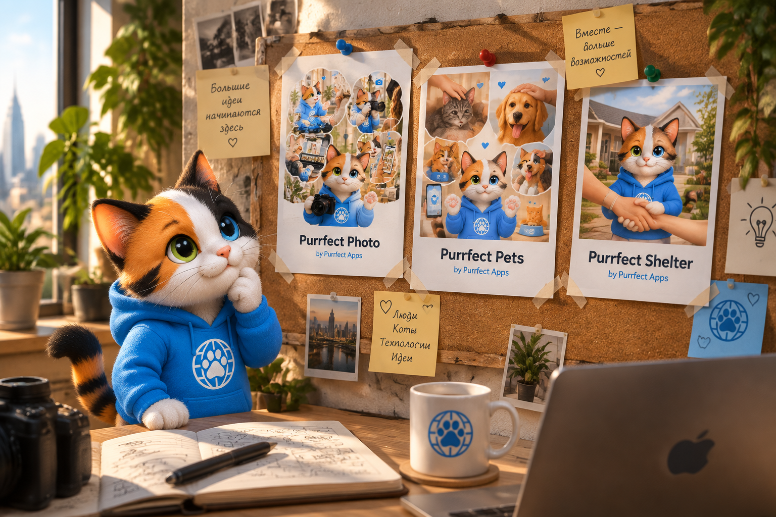 Коллаж собственных проектов Purrfect Photo, Purrfect Pets и Purrfect Shelter